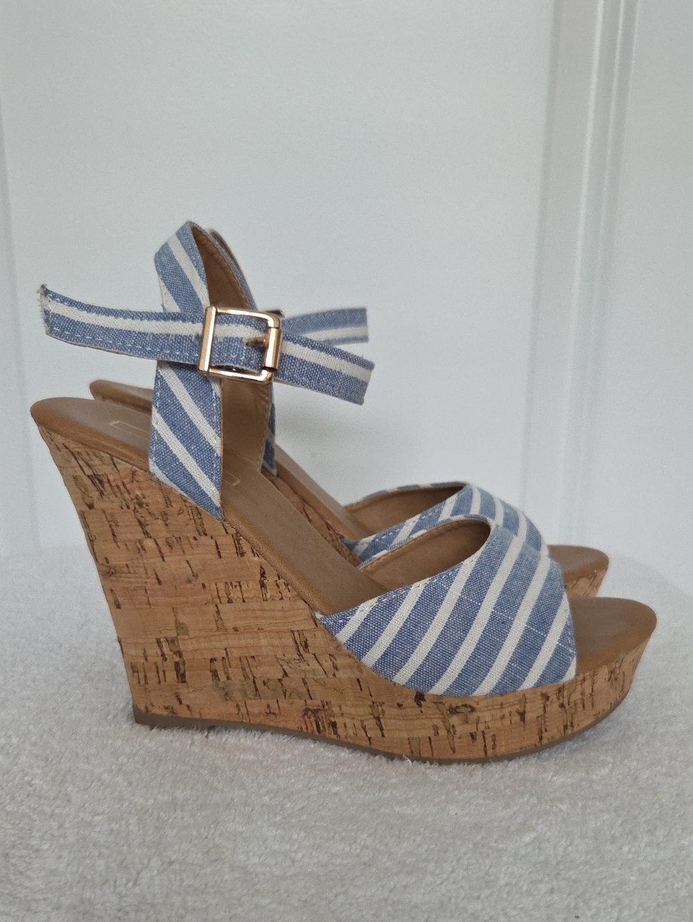 Yoki Blue and White Striped Cork Wedge Sandals with Ankle Strap